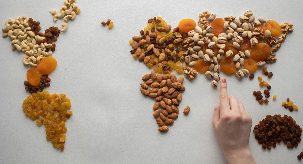 Top view of crop anonymous person making world continents with various nuts and heap of dried fruits on white background